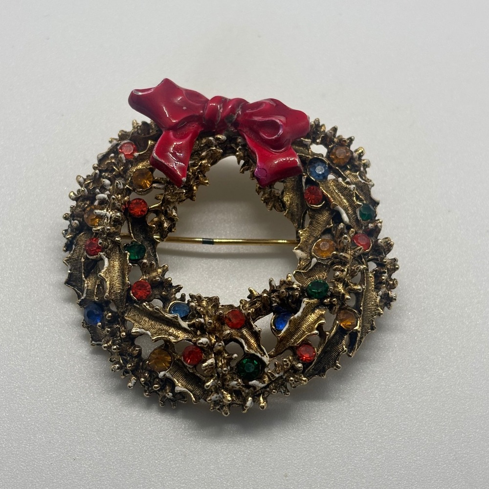 Art Christmas Wreath Brooch Women OS Gold Red Bow Rhinestone Festive Vintage